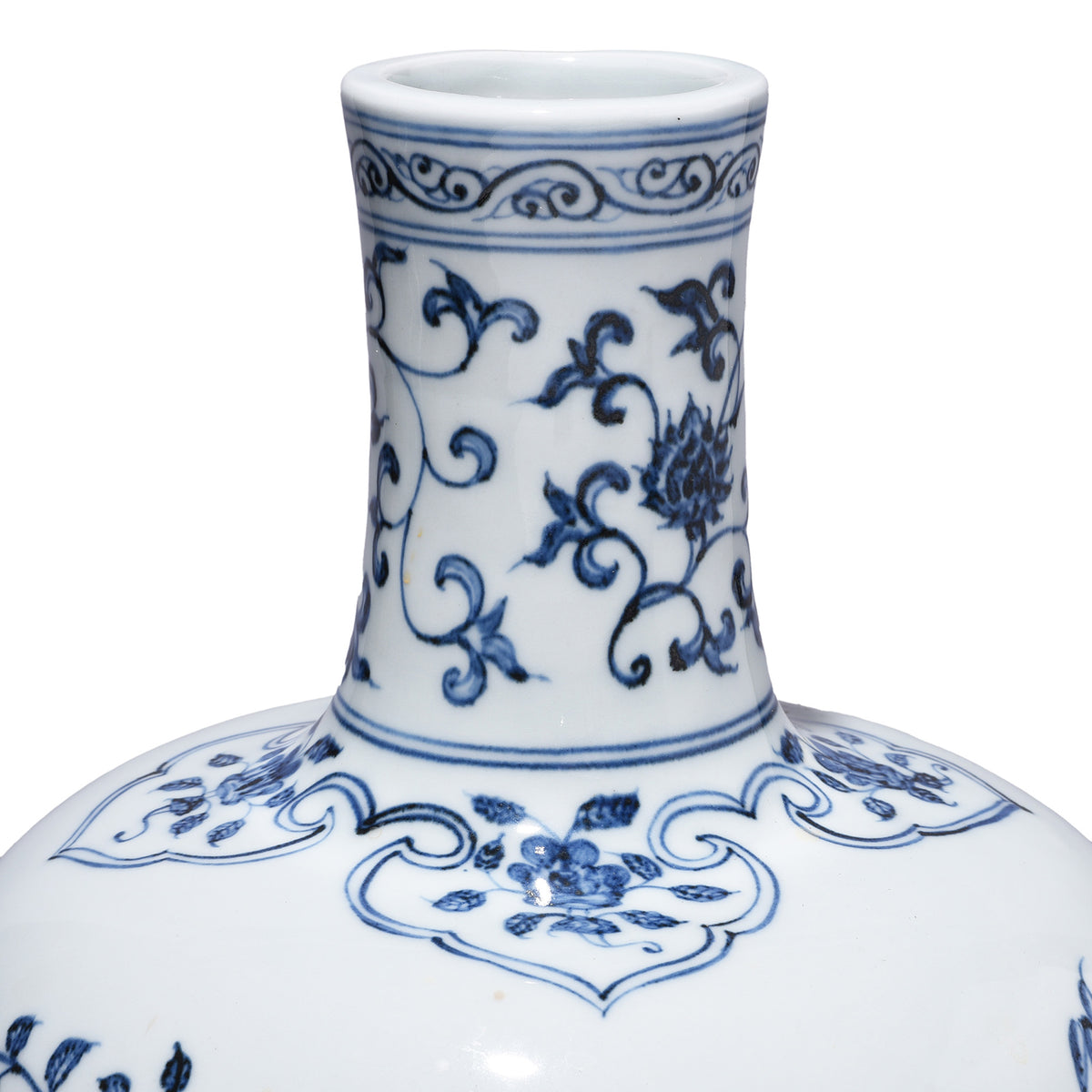 Neck Detail From Blue & White Porcelain Tianqiuping Vase - Pond Design | Indigo Antiques