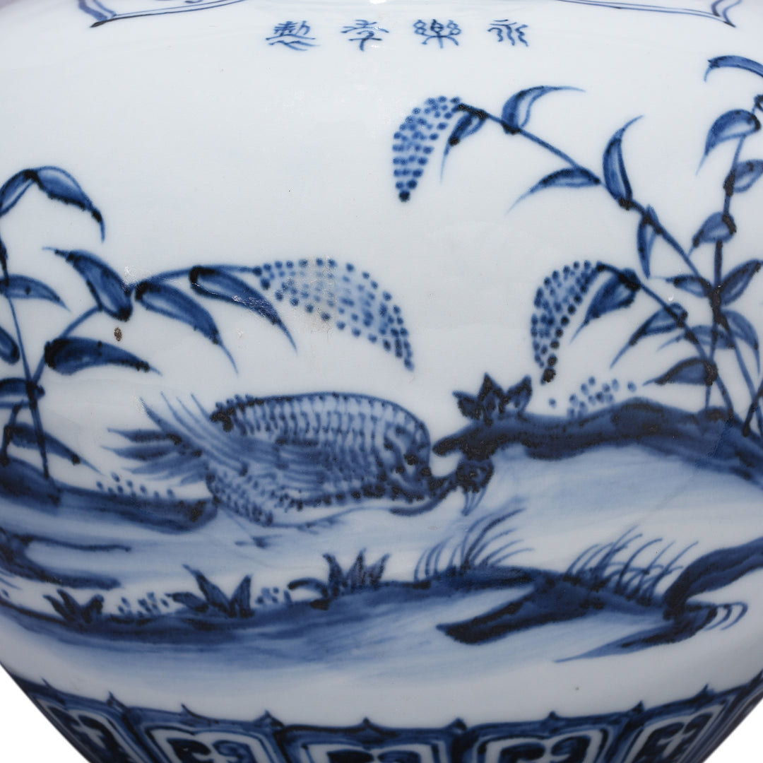 Fowl Detail From Blue & White Porcelain Tianqiuping Vase - Pond Design | Indigo Antiques