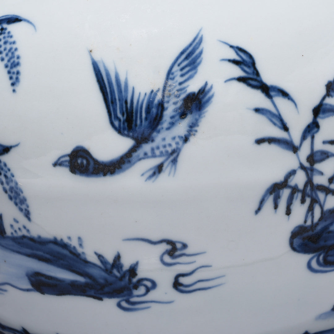 Fowl Detail From Blue & White Porcelain Tianqiuping Vase - Pond Design | Indigo Antiques