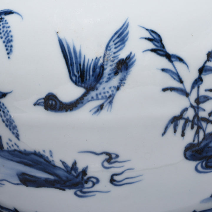 Fowl Detail From Blue & White Porcelain Tianqiuping Vase - Pond Design | Indigo Antiques