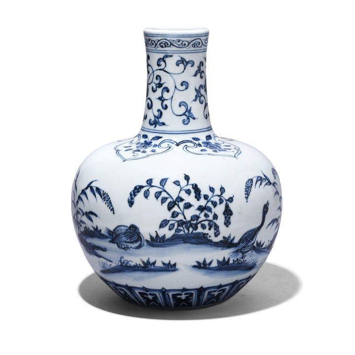 Blue & White Porcelain Tianqiuping Vase - Pond Design | Indigo Antiques