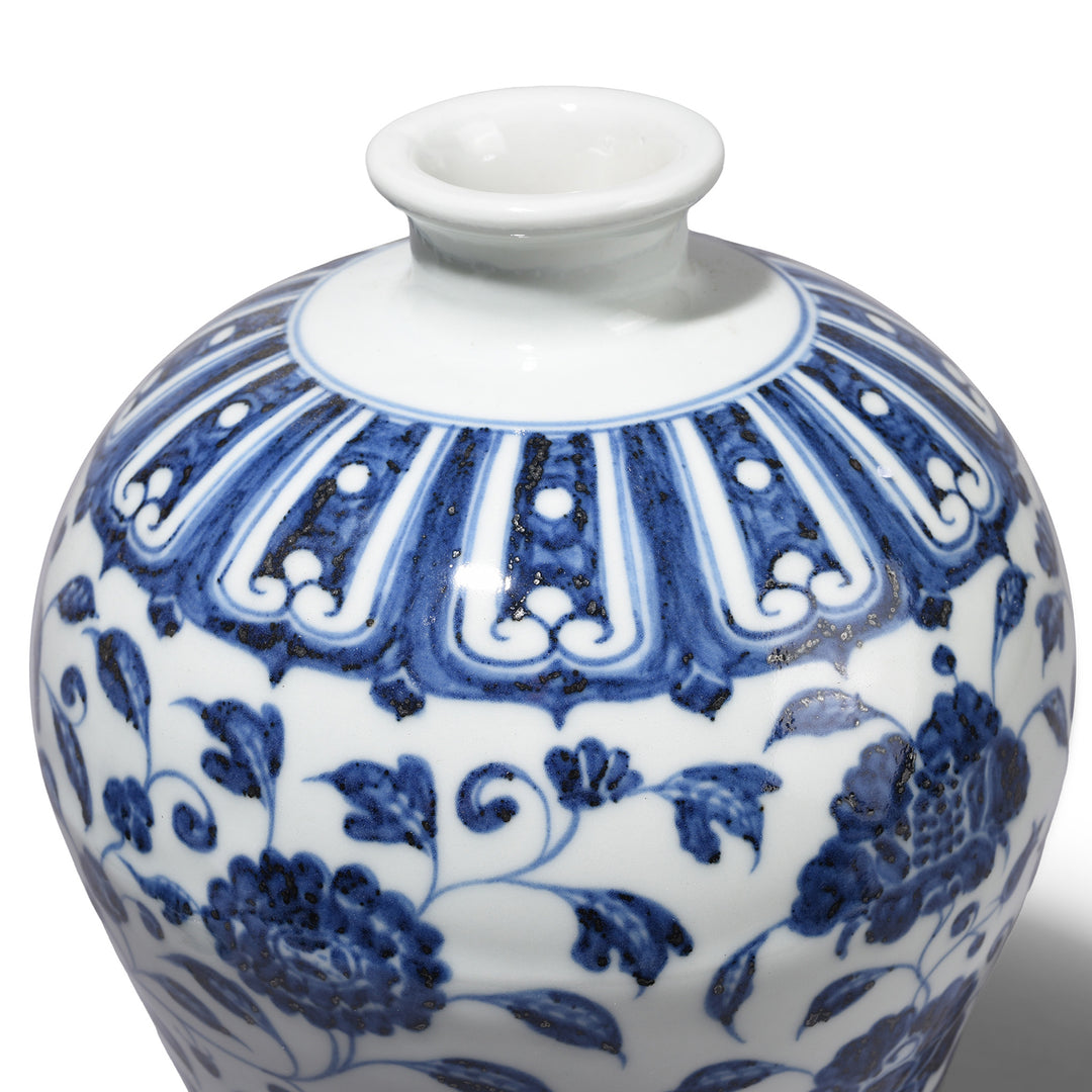 Rim Detail From Blue & White Porcelain Lidded Temple Jar - Lotus Design | Indigo Antiques