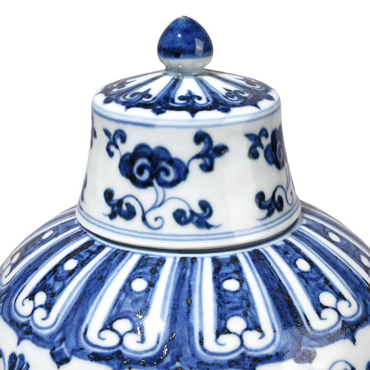 Lid Detail From Blue & White Porcelain Lidded Temple Jar - Lotus Design | Indigo Antiques