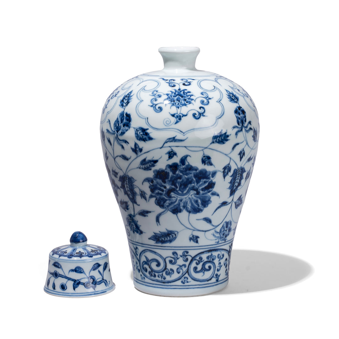 Angled View Of Blue And White Porcelain Meiping Vase With Lotus And Peony Decoration In Ming Yongle Style