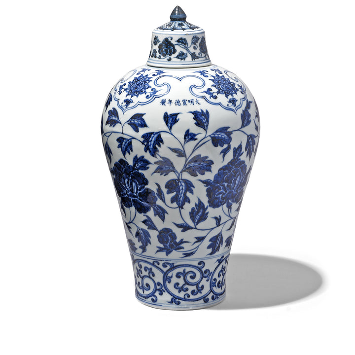 Blue & White Porcelain Lidded Temple Jar Peony Design | Indigo Antiques