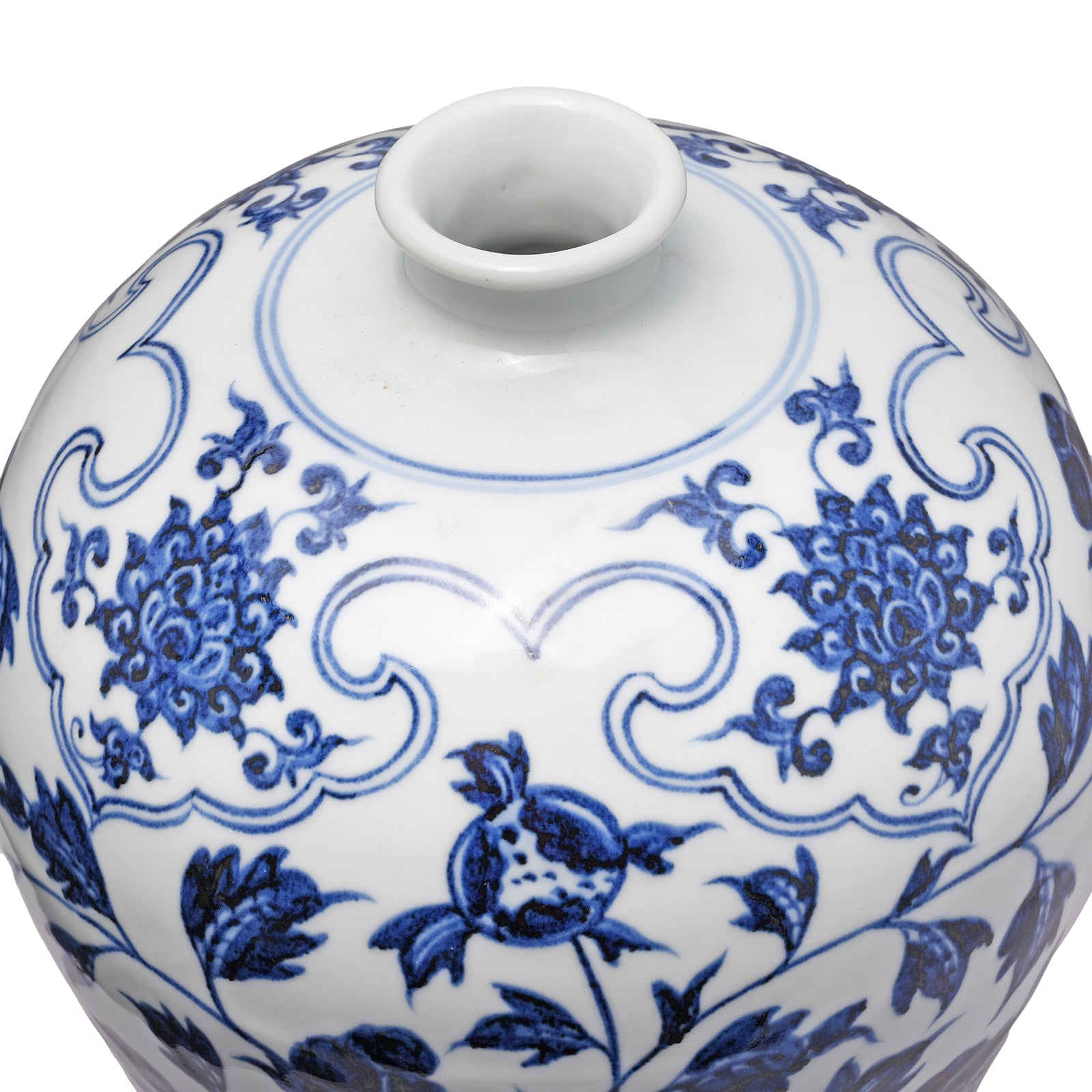 Top Down View Of Blue & White Porcelain Lidded Temple Jar Peony Design | Indigo Antiques