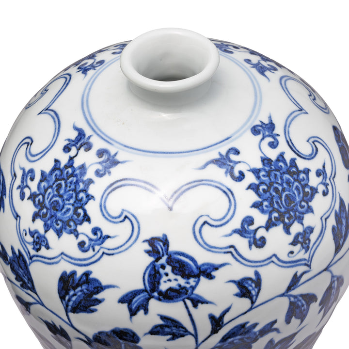 Top Down View Of Blue & White Porcelain Lidded Temple Jar Peony Design | Indigo Antiques