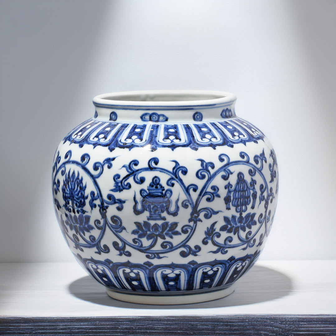 Back Of Small Blue & White Porcelain Jardinière - Trailing Leaf Design - (Ming Style) | Indigo Antiques