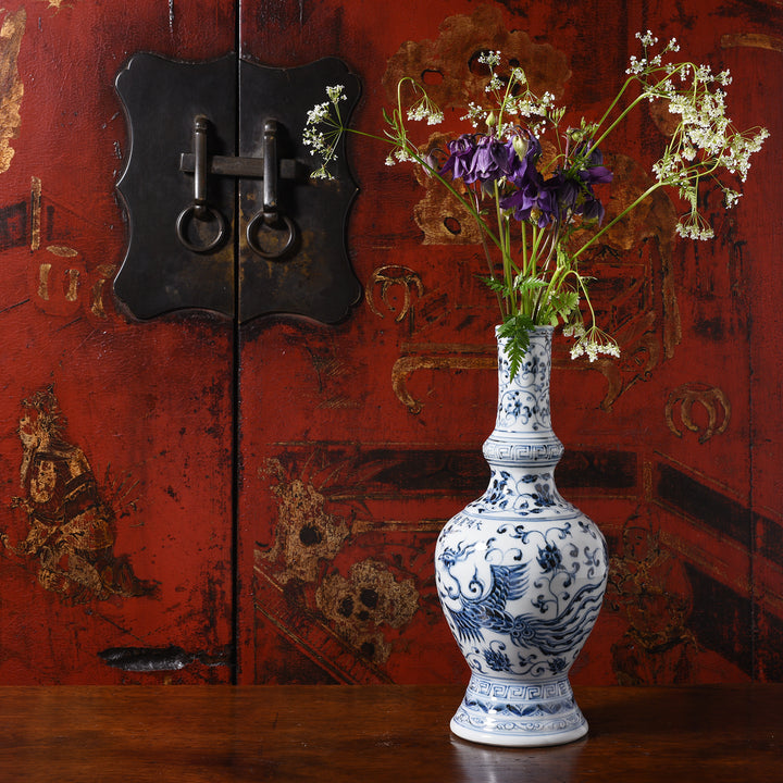 Blue & White Porcelain Holy Water Bottle - Phoenix | Indigo Antiuques