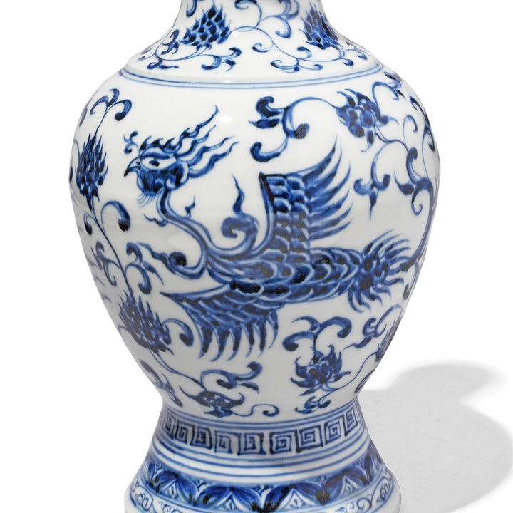 Phoenix Design Detail From Blue & White Porcelain Holy Water Bottle - Phoenix | Indigo Antiuques