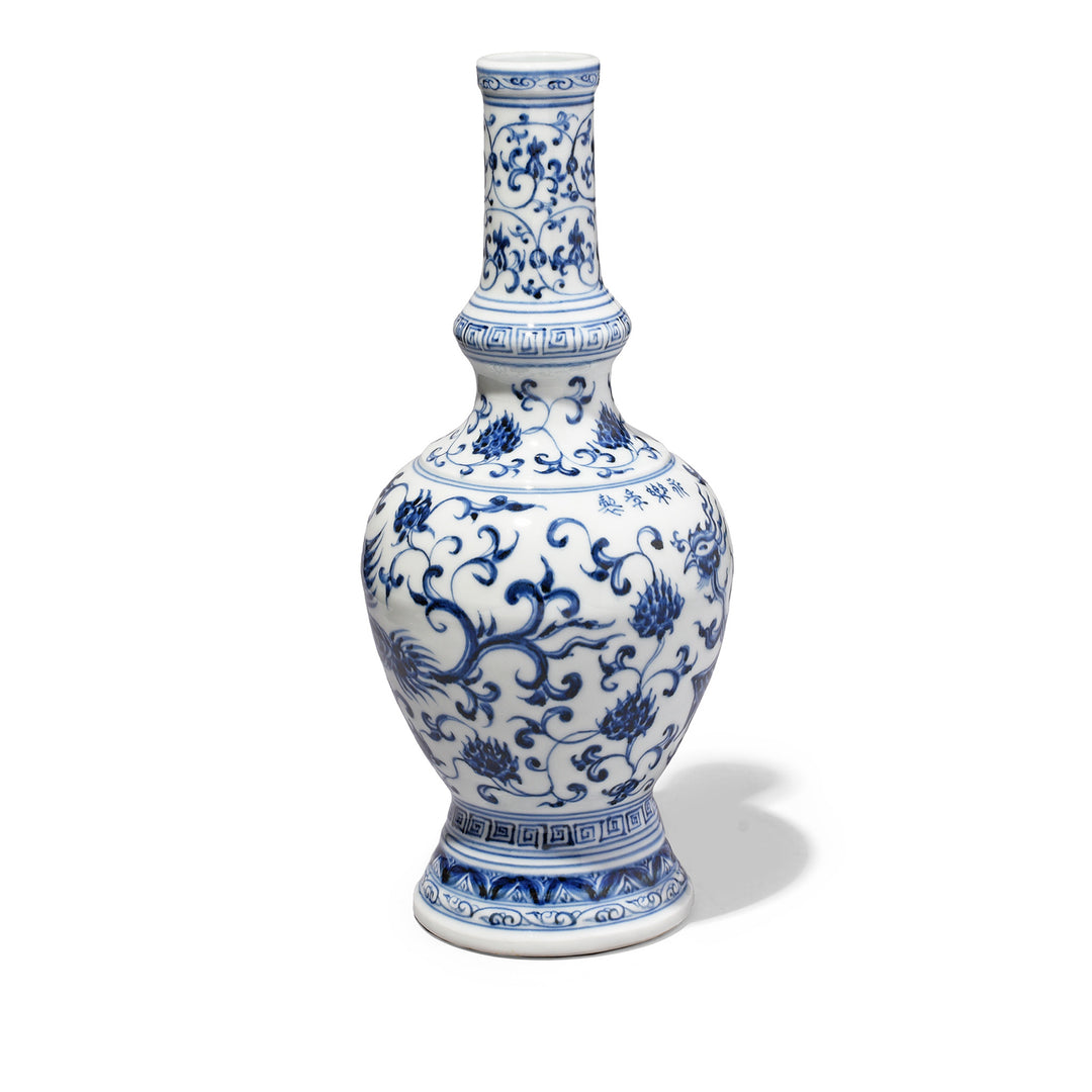Back Of Blue & White Porcelain Holy Water Bottle - Phoenix | Indigo Antiuques
