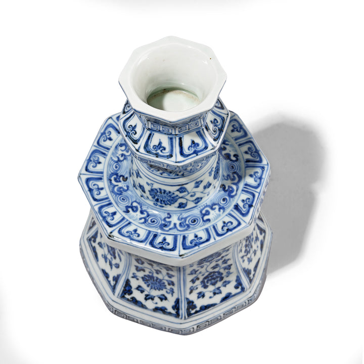 Top Down View Of Blue & White Porcelain Octagonal Candlestick | Indigo Antiques