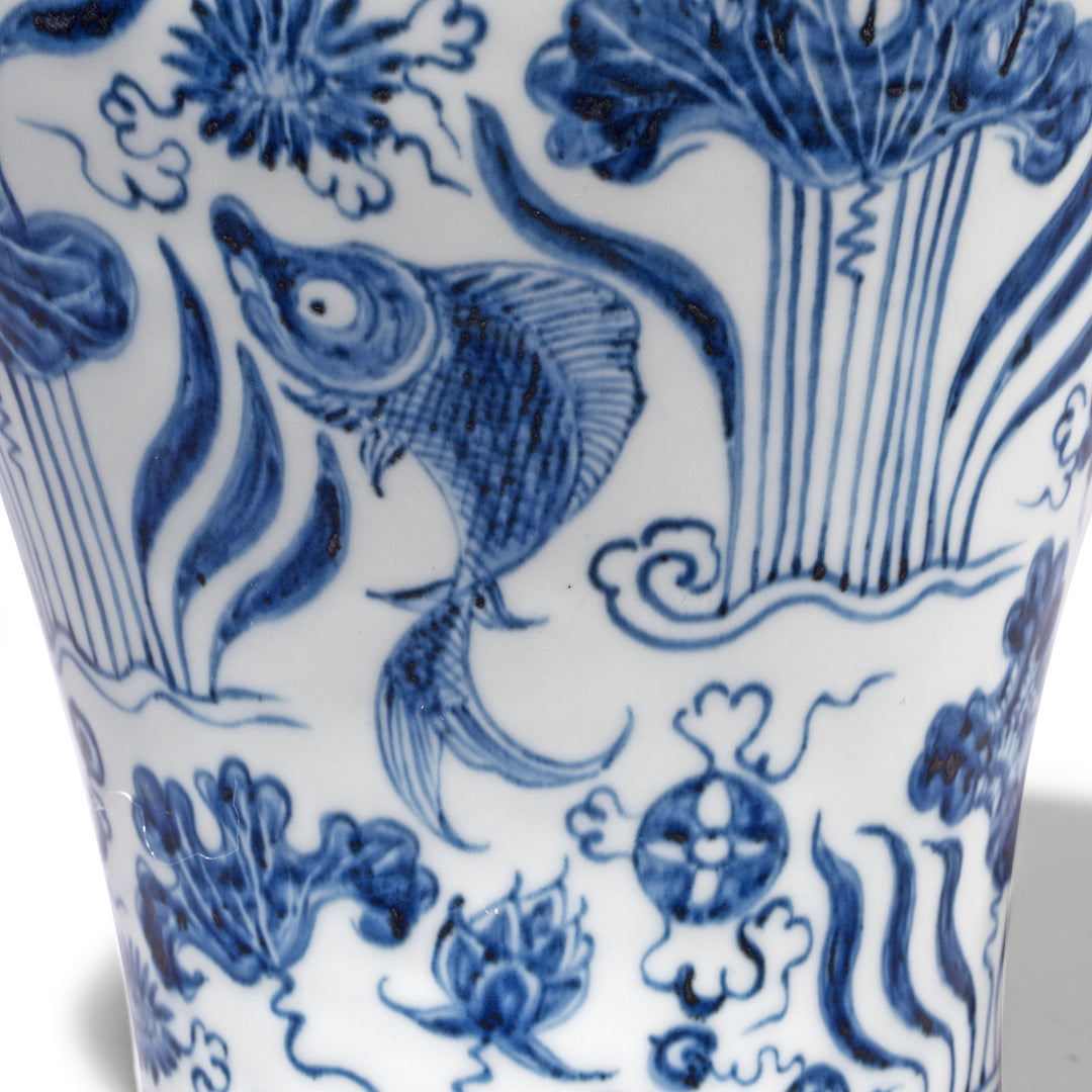Fish Detail On Blue & White Porcelain Meiping Vase 