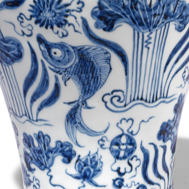Fish Detail On Blue & White Porcelain Meiping Vase 