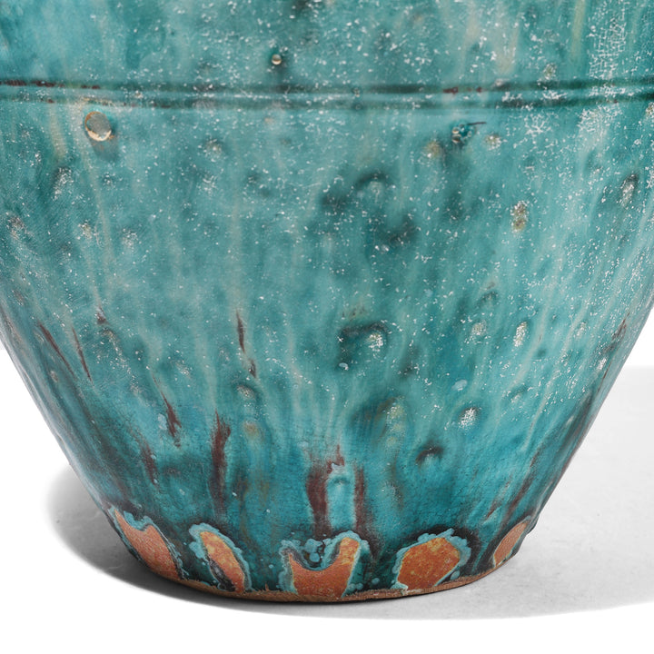 Base Detail From Green Copper Glazed Stoneware Vase | Indigo Antiques