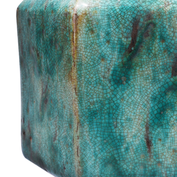 Surface Texture Detail From Green Copper Glazed Terracotta Facetted Jar | Indigo Antiques