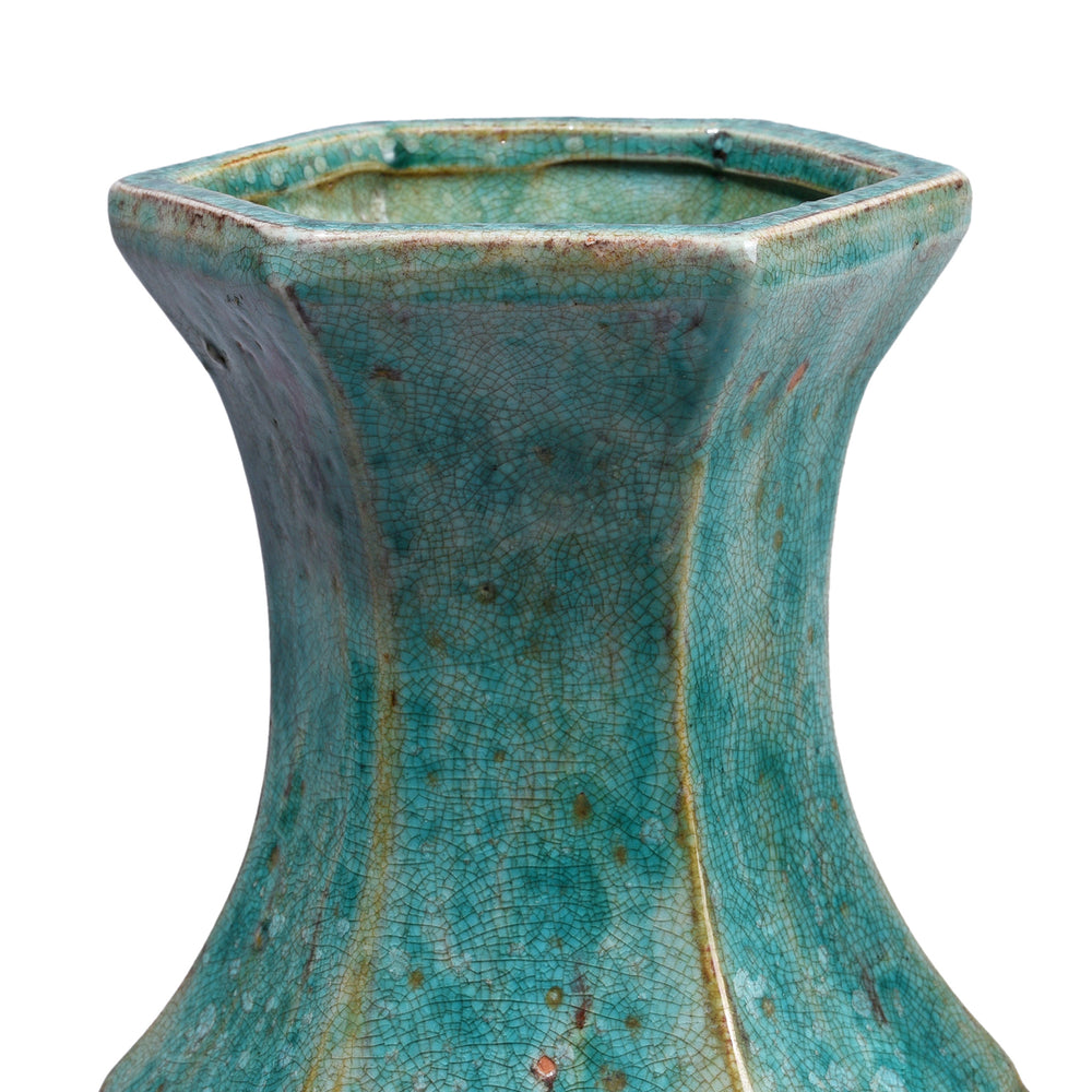 Neck Detail From Green Copper Glazed Terracotta Facetted Jar | Indigo Antiques