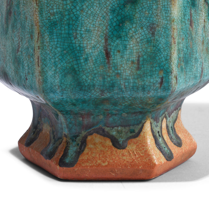 Base Detail From Green Copper Glazed Terracotta Facetted Jar | Indigo Antiques