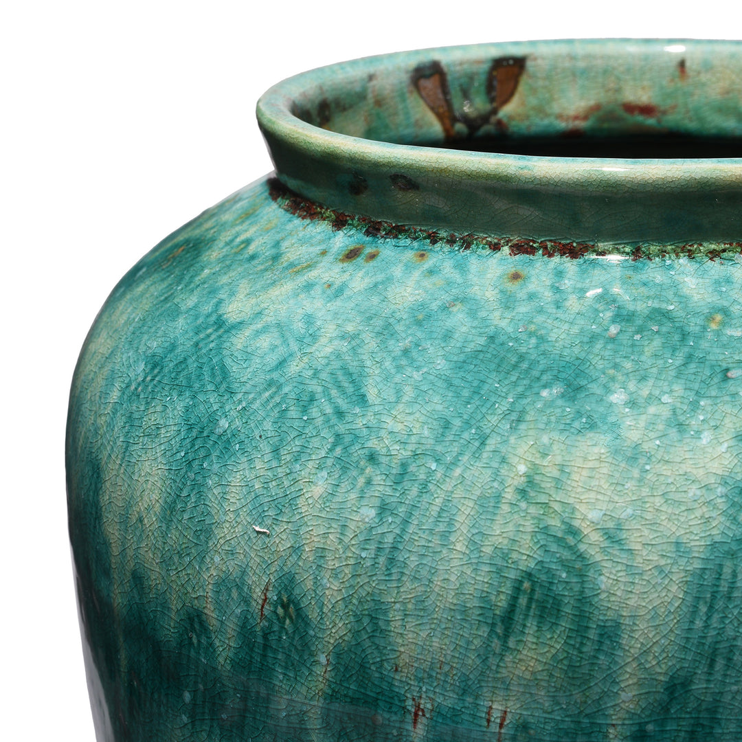 Rim Detail From Green Copper Glazed Terracotta Vase | Indigo Antiques