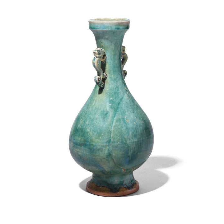 Angled VIew Of Chinese Green Copper Glazed Stoneware Vase | Indigo Antiques