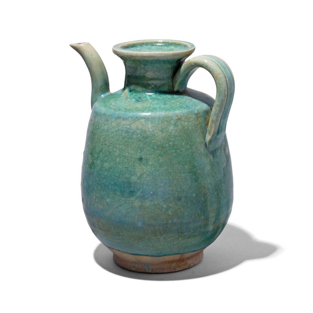 Rear View Of Green Copper Glazed Terracotta Ewer | Indigo Antiques