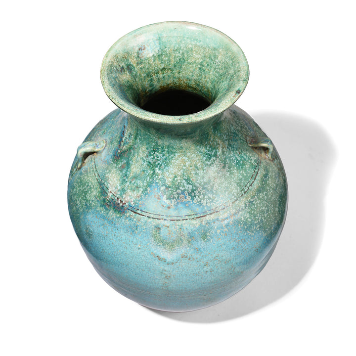 Top Down VIew Of Green Copper Glazed Stoneware Vase | Indigo Antiques