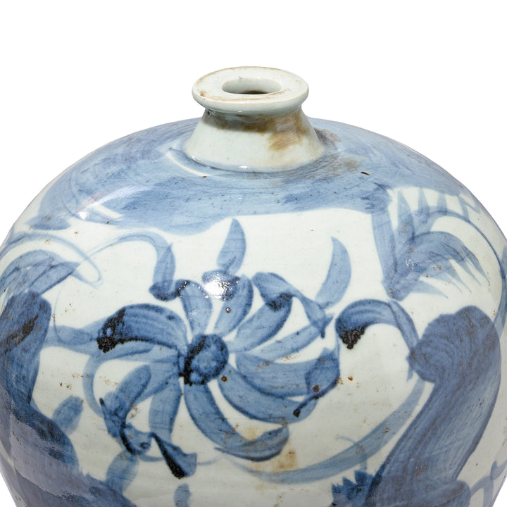 Detail Of Operning And Flower Detail On Provincial Blue & White Porcelain Meiping Vase - Late Ming Style