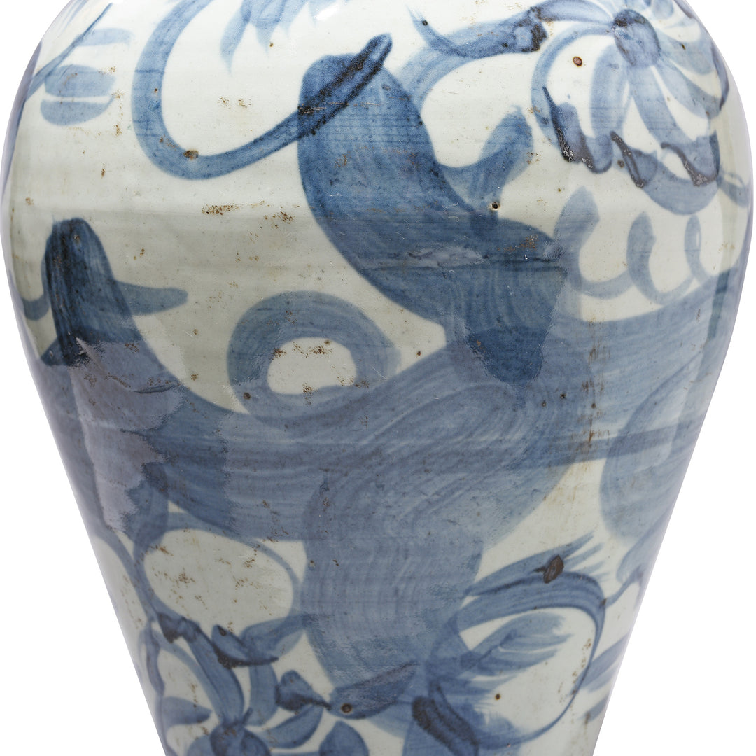 Close View Of Floral Design On Provincial Blue & White Porcelain Meiping Vase - Late Ming Style