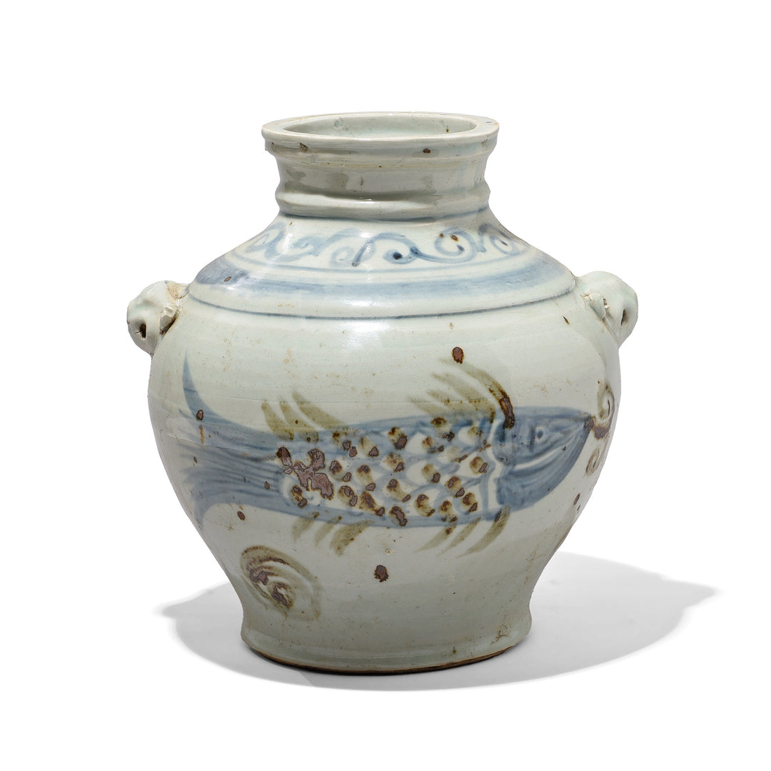 Reproduction Chinese Provincial Late Ming Style Blue & White Porcelain Wine Jar - Fish