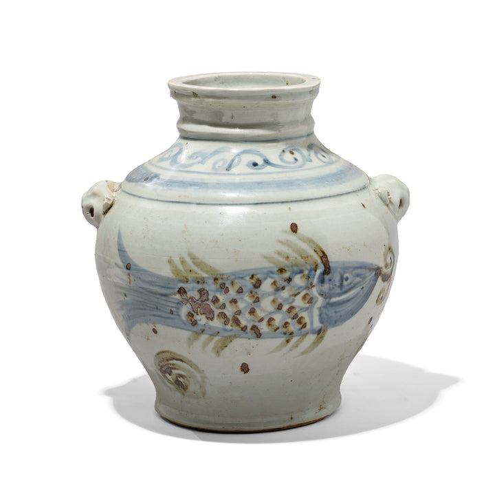 Reproduction Chinese Provincial Late Ming Style Blue & White Porcelain Wine Jar - Fish