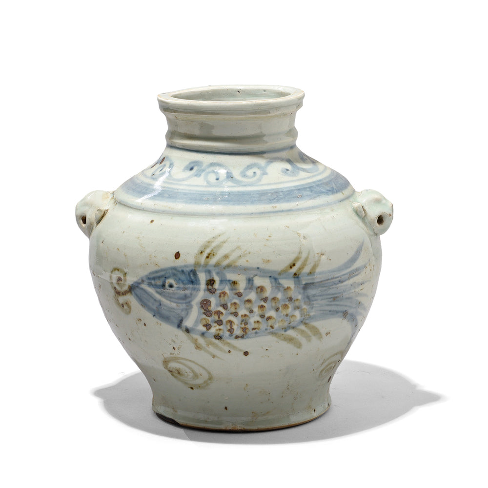Reproduction Chinese Provincial Late Ming Style Blue & White Porcelain Wine Jar - Fish