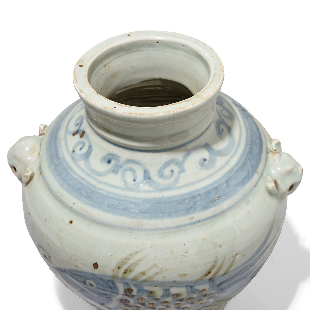 Top View Of Provincial Late Ming Style Blue & White Porcelain Wine Jar - Fish