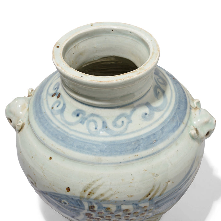 Top View Of Provincial Late Ming Style Blue & White Porcelain Wine Jar - Fish