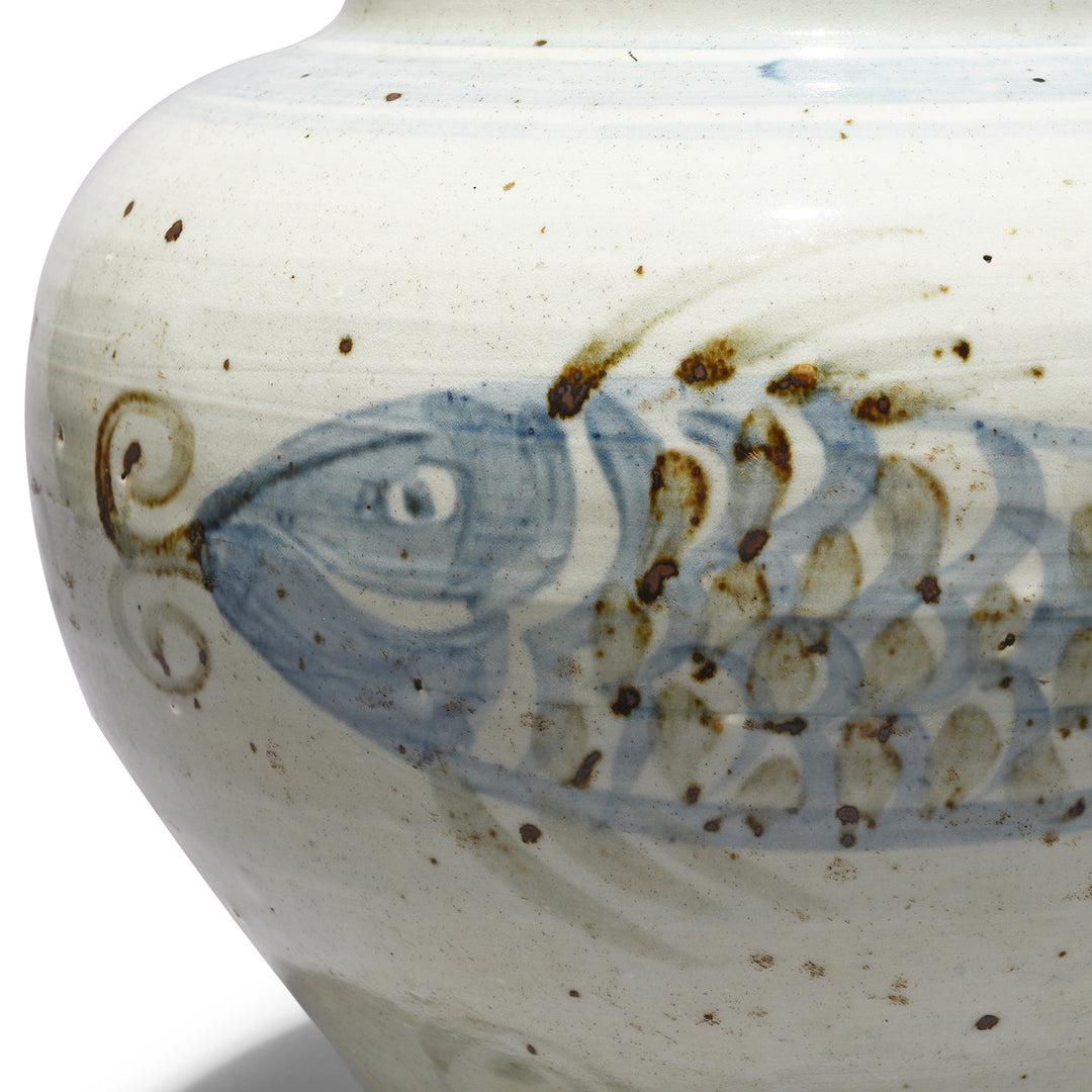 Fish Detail From Reproduction Blue & White Porcelain Fish Design Jardinière | Indigo Antiques