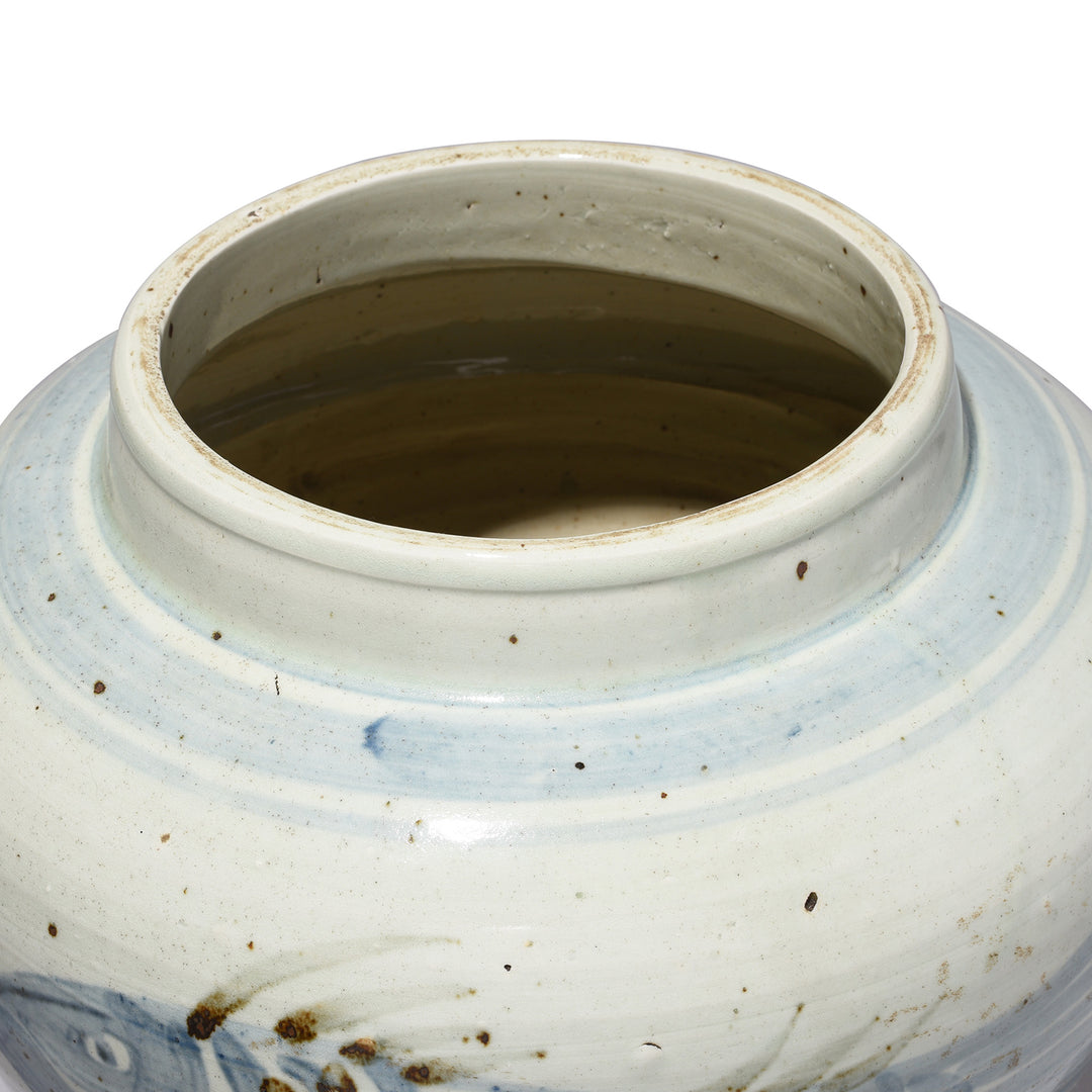 Rim Detail From Reproduction Blue & White Porcelain Fish Design Jardinière | Indigo Antiques