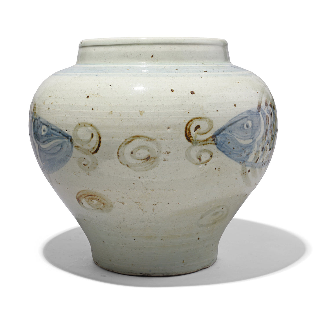 Back Of Reproduction Blue & White Porcelain Fish Design Jardinière | Indigo Antiques