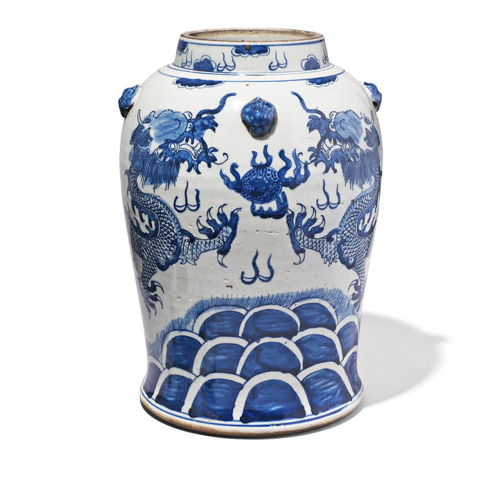 Lid Off View Of Blue & White Porcelain Temple Jar - Dragon Design | Indigo Antiques