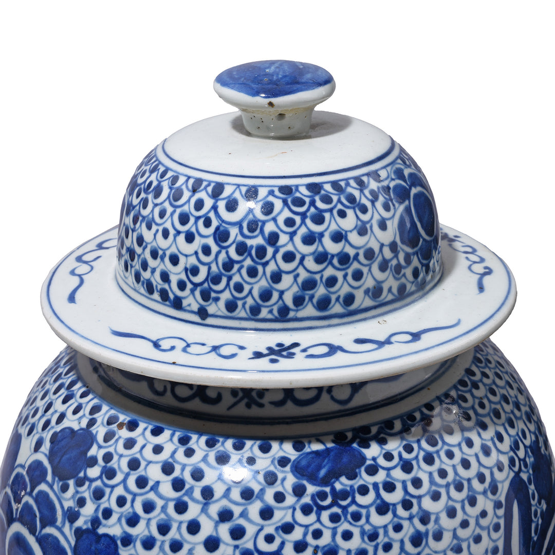 Lid Detail From Blue & White Porcelain Temple Jar - Phoenix Design | Indigo Antiques