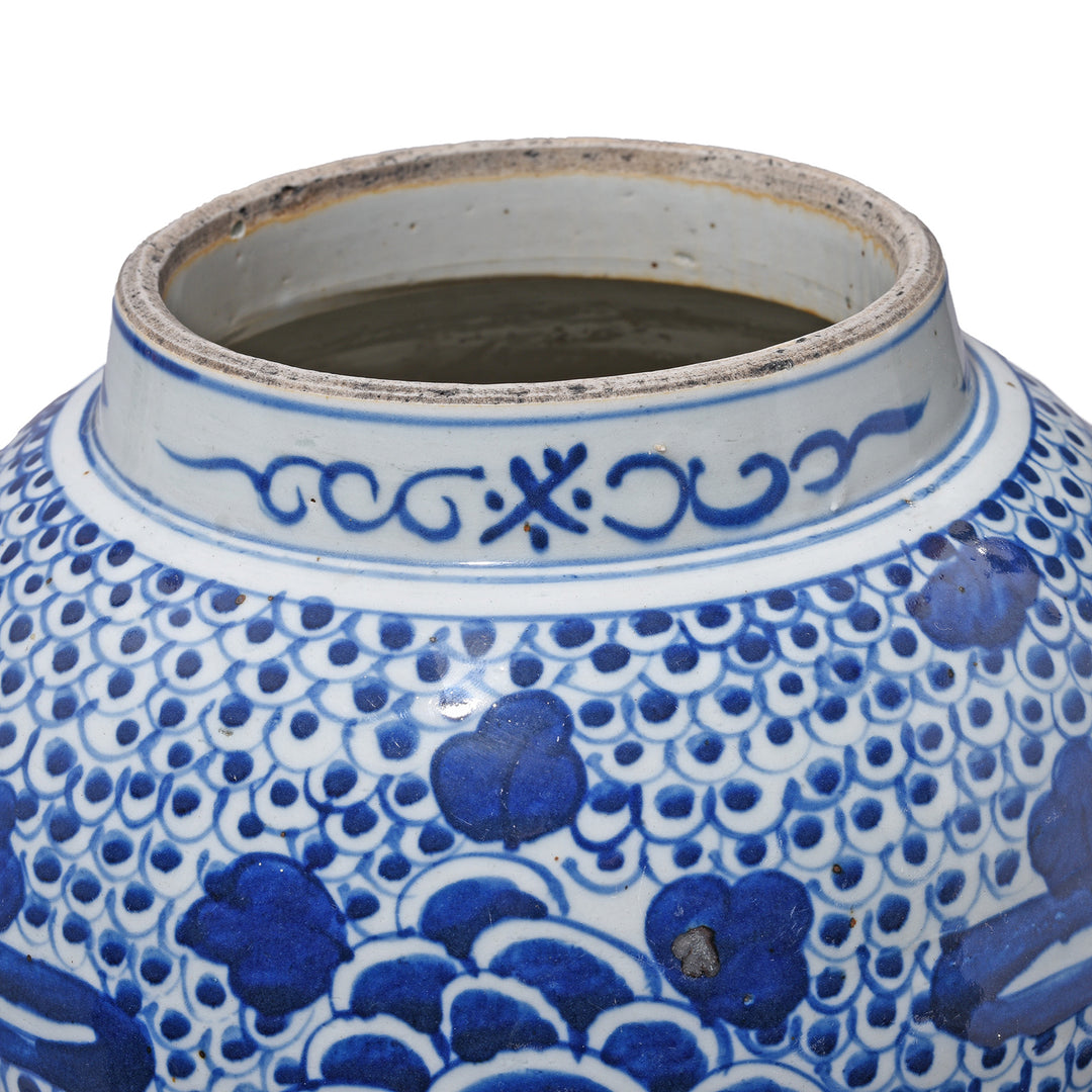 Rim Detail From Blue & White Porcelain Temple Jar - Phoenix Design | Indigo Antiques