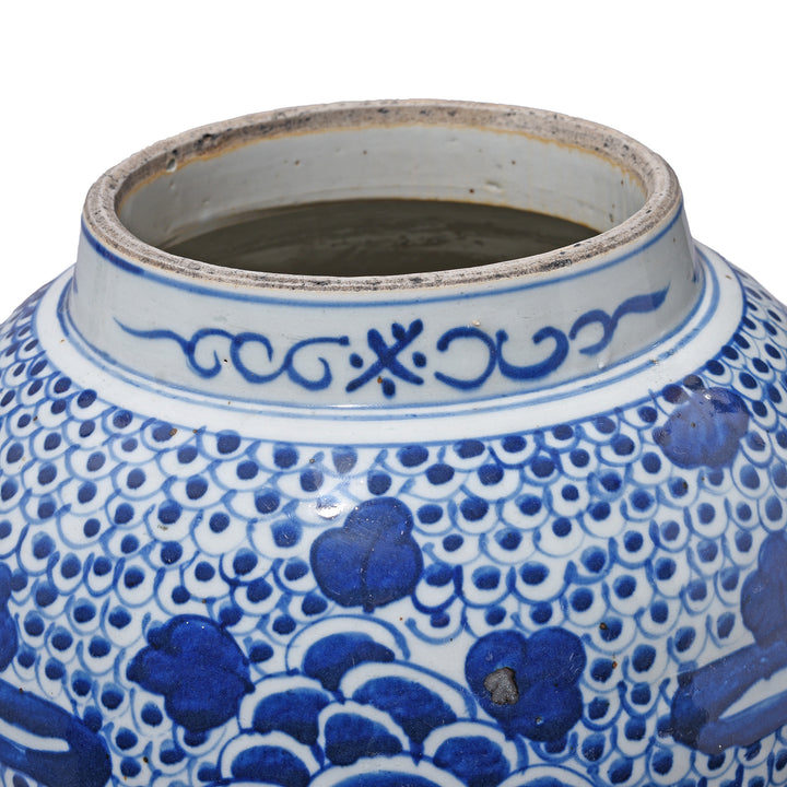 Rim Detail From Blue & White Porcelain Temple Jar - Phoenix Design | Indigo Antiques