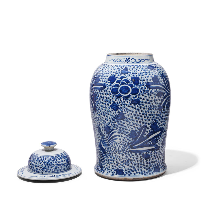 Lid Off And Rear View Of Blue & White Porcelain Temple Jar - Phoenix Design | Indigo Antiques