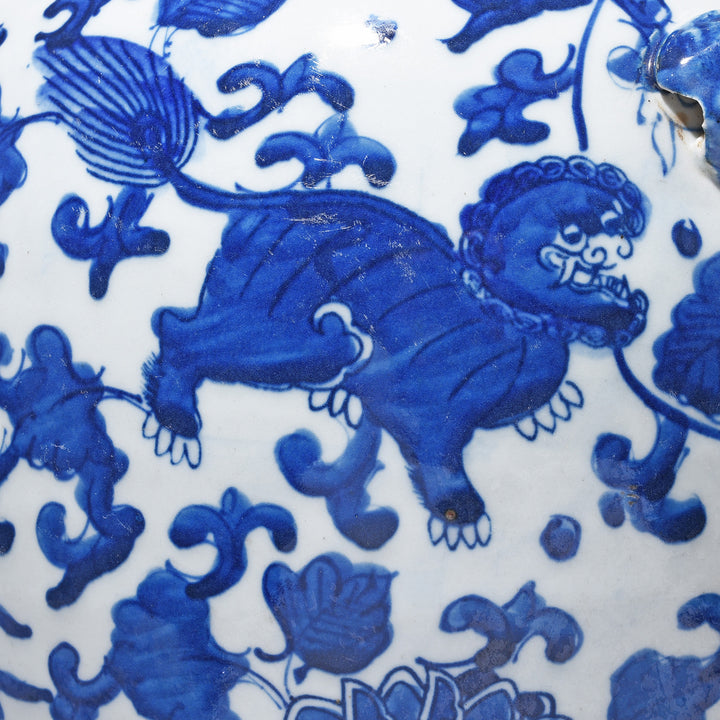 Quilin Design Detail On Blue & White Porcelain Temple Jar - Qilin Design | Indigo Antiques