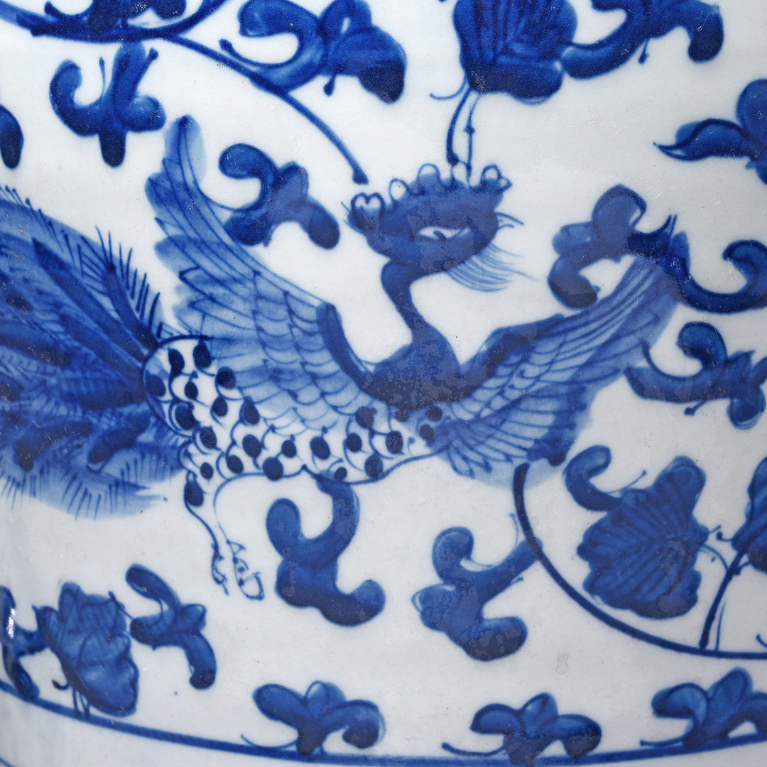 Phoenix Detail From Blue & White Porcelain Temple Jar - Qilin Design | Indigo Antiques