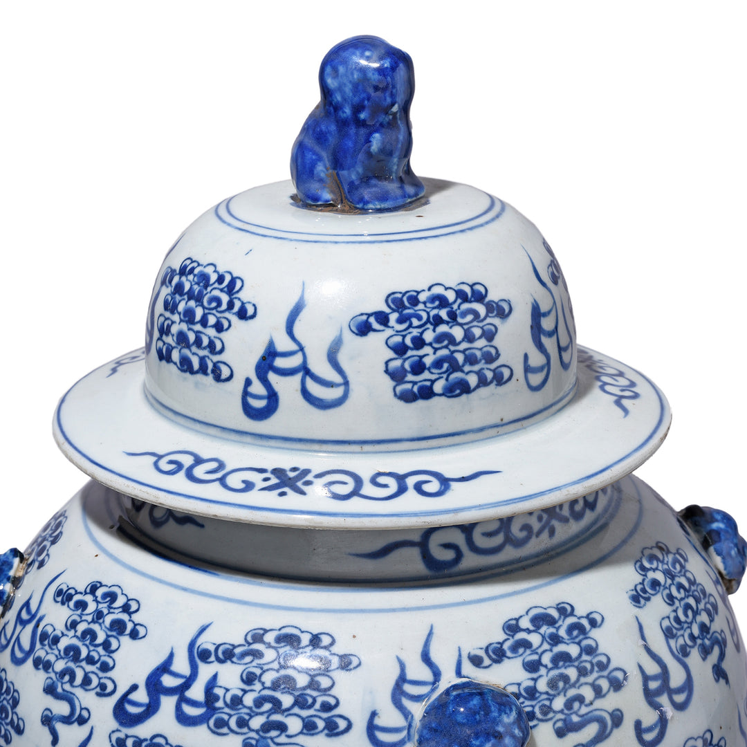 Lid Detail From Blue & White Porcelain Temple Jar - Dragons | Indigo Antiques