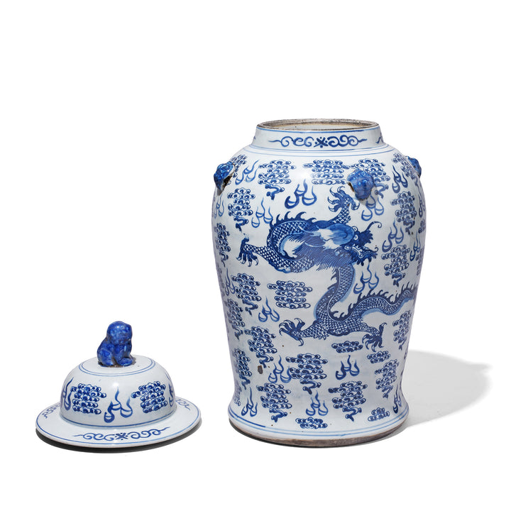 Reverse Of Blue & White Porcelain Temple Jar - Dragons | Indigo Antiques