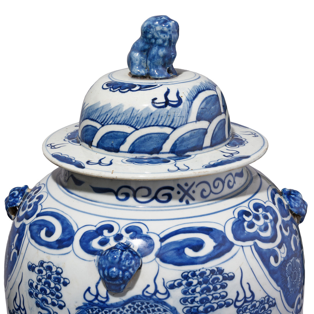 Lid Detail From Blue & White Porcelain Temple Jar - Mythical Beasts | Indigo Antiques