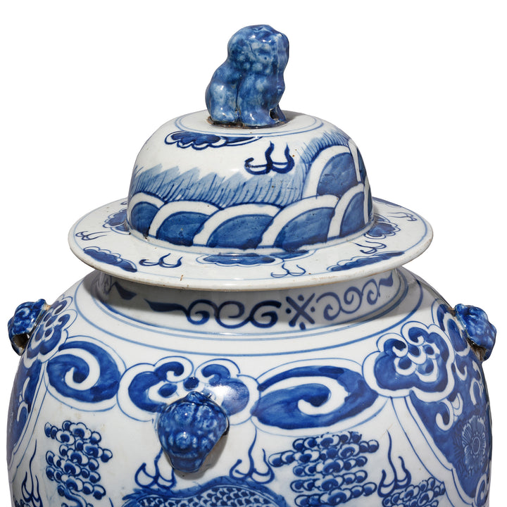 Lid Detail From Blue & White Porcelain Temple Jar - Mythical Beasts | Indigo Antiques