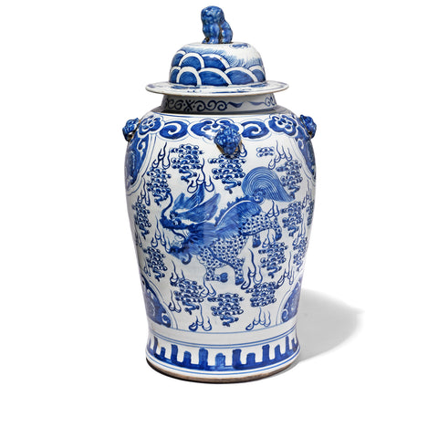 Blue & White Porcelain Temple Jar - Mythical Creatures