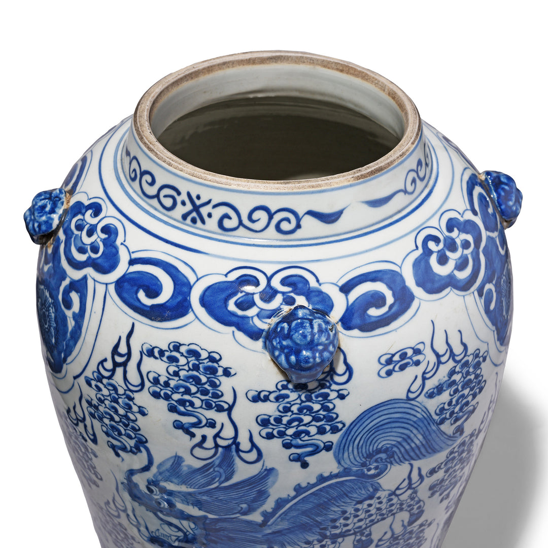 Rim Detail From Blue & White Porcelain Temple Jar - Mythical Beasts | Indigo Antiques