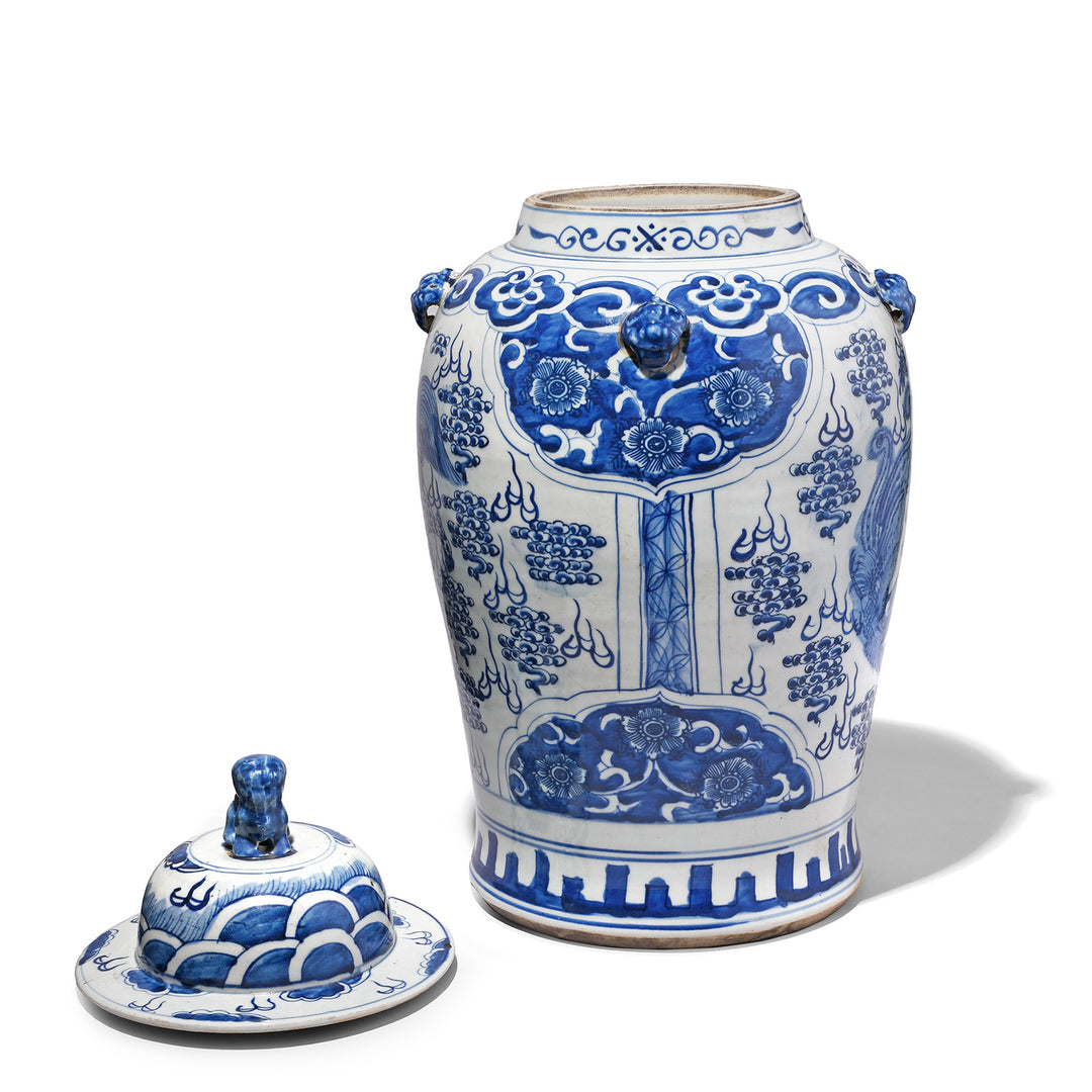 Side View Showing Paintwork Designs From Blue & White Porcelain Temple Jar - Mythical Beasts | Indigo Antiques